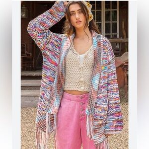 Anthropologie POL Chunky Crochet Knit Open Cardigan Sweater Fringe Trim size M